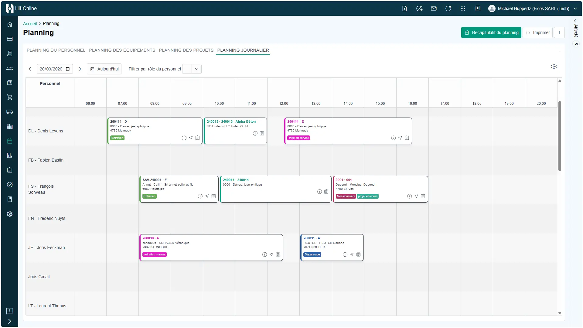 Daily view of the intervention schedule in Hit-Online